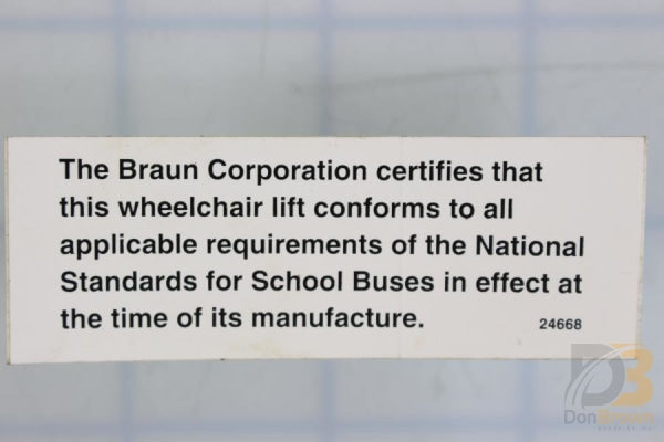 Decal-Nssb Lift Certification 24668 Wheelchair Parts