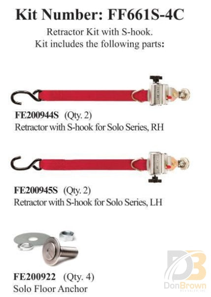 Four Retractor Kit Solo Series W/s-Hooks (No Occupant) 27-003-006 Bus Parts